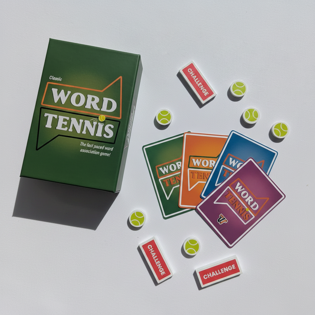 Word Tennis cards fanned out with wooden tokens on a white surface